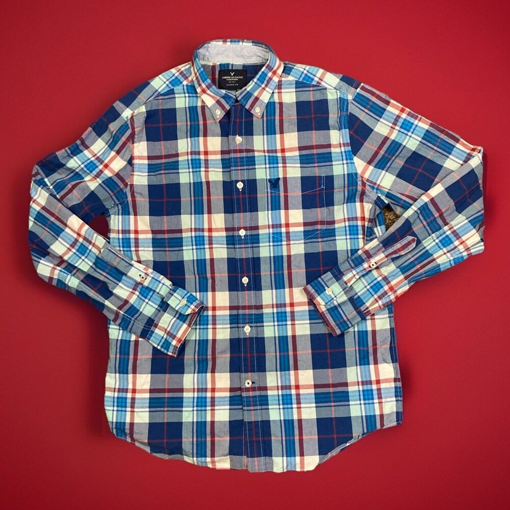American Eagle Classic Fit Shirt Mens M Lightweight Long Sleeve Plaid Button Up